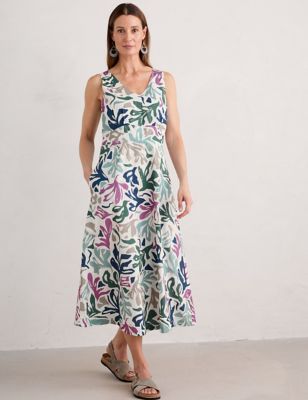 Seasalt Cornwall Womens Organic Cotton Printed V-Neck Midi Dress - 14 - Multi, Multi