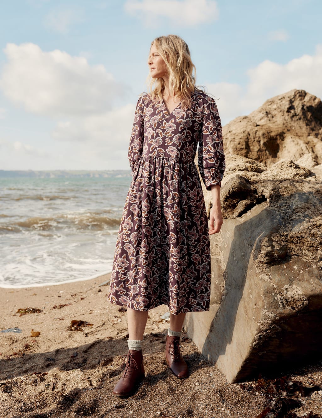 Cotton Rich Floral V-Neck Waisted Dress image 1