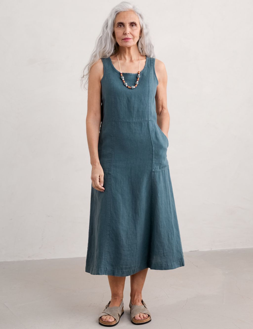Pure Linen Midi Relaxed Waisted Dress