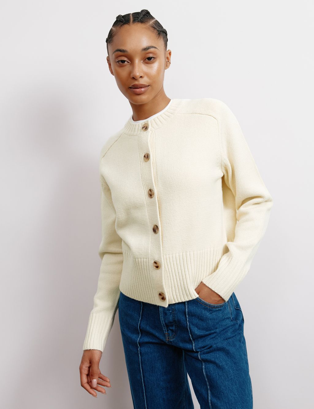 Crew Neck Button Through Cardigan with Wool