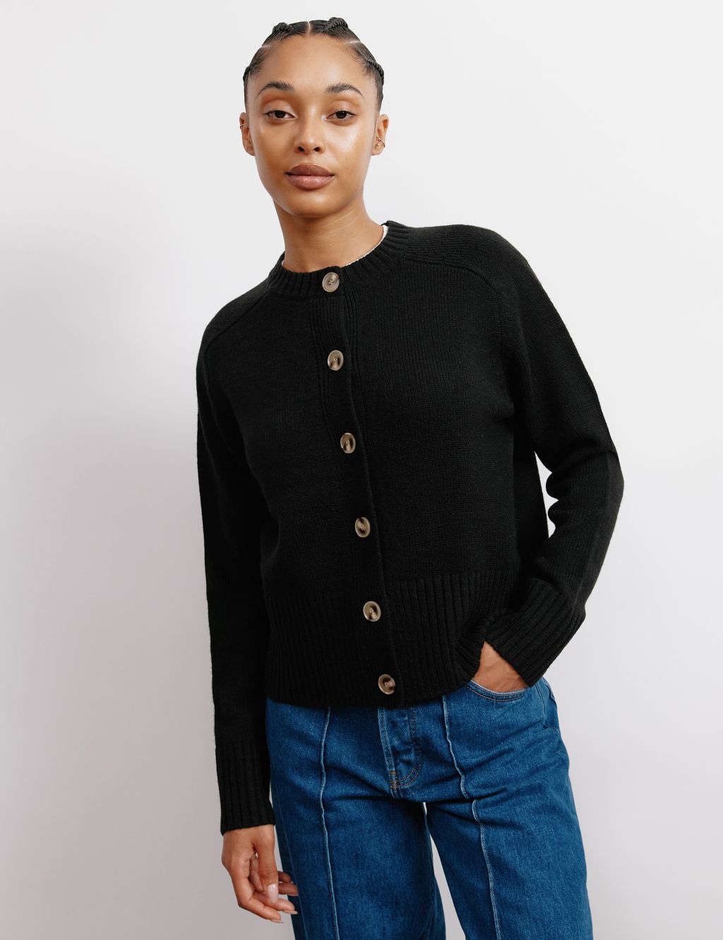 Crew Neck Button Through Cardigan with Wool