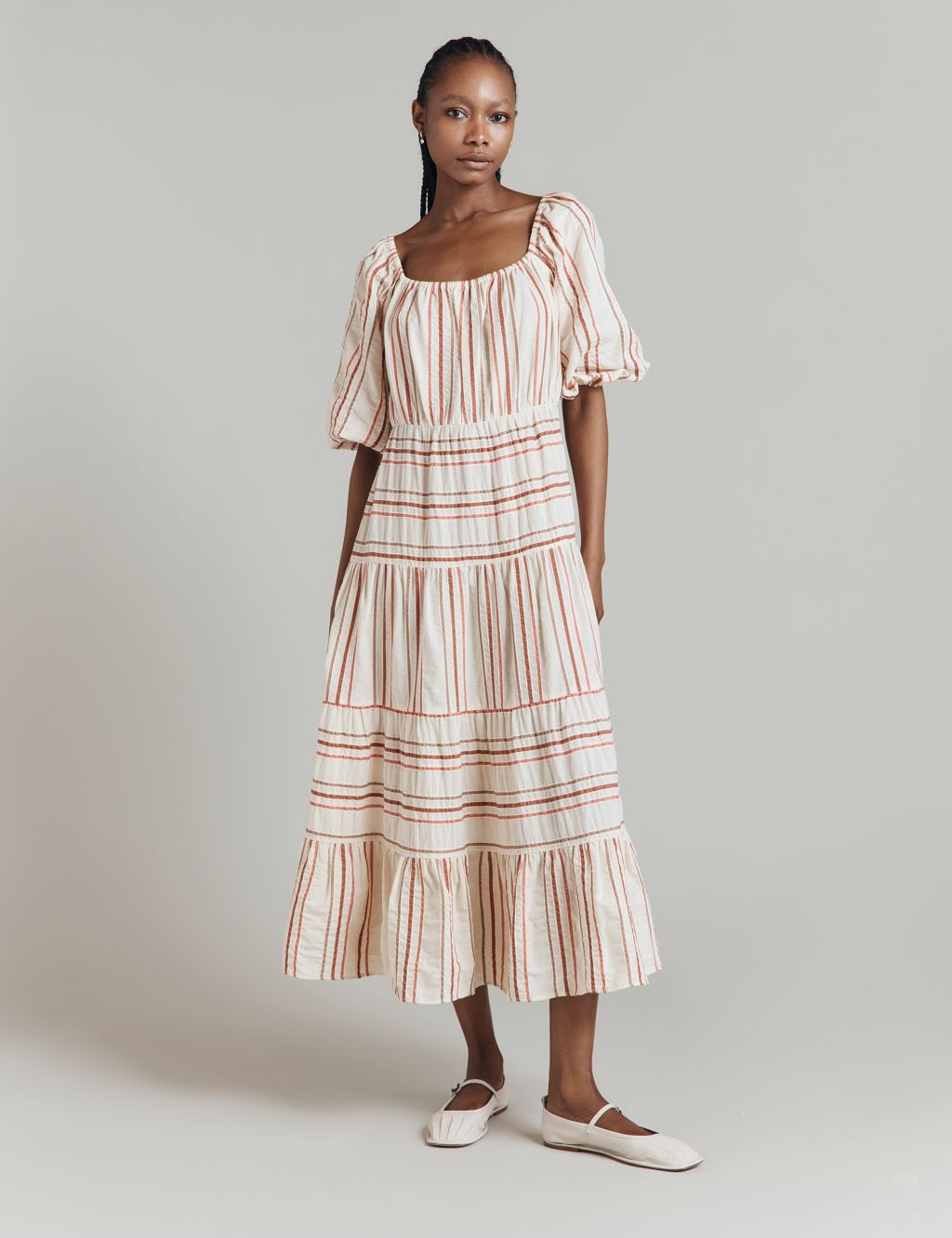 Cotton Rich Striped Midaxi Tiered Dress