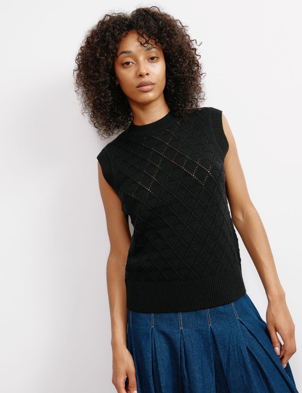 Pointelle Crew Neck Knitted Top with Wool