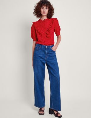 Monsoon Womens Pure Cotton Broderie Ruffle Blouse - Red, Red