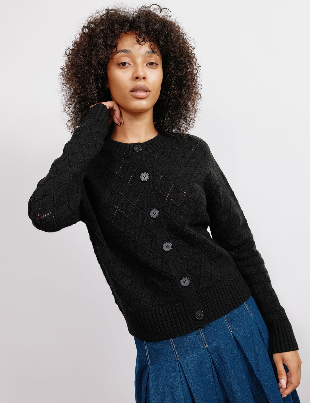Pointelle Crew Neck Cardigan with Wool