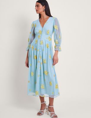 Monsoon Women's Embroidered V-Neck Midi Tea Dress - 18 - Blue, Blue