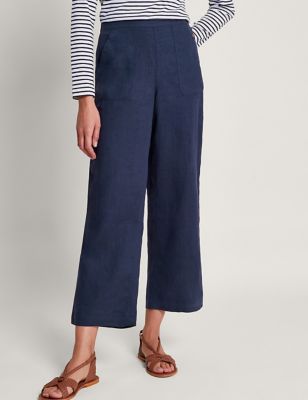 Monsoon Womens Pure Linen Straight Leg Cropped Trousers - Navy, Navy