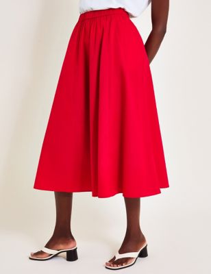 Monsoon Womens Pure Cotton Midi A-Line Skirt - XL - Red, Red