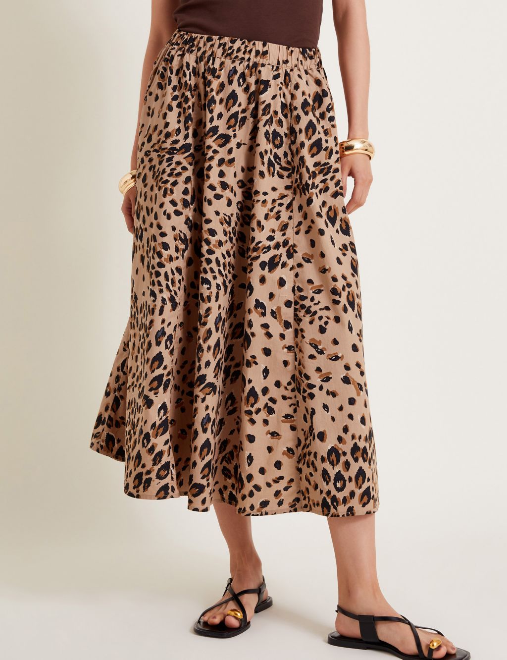 Pure Cotton Animal Print Pleated Midi Skirt