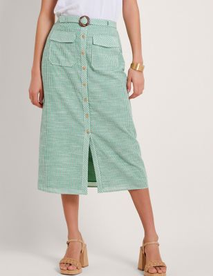Monsoon Womens Cotton Blend Striped Midi Utility Skirt - XL - Green, Green