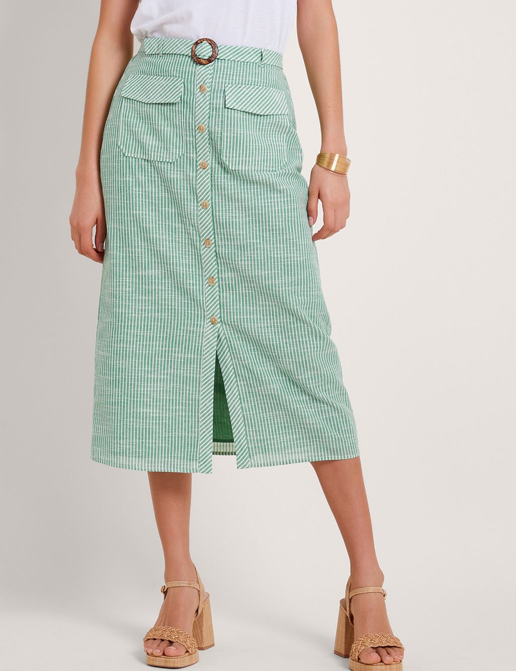 Cotton Blend Striped Midi Utility Skirt