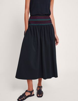 Monsoon Women's Pure Cotton Embroidered Midi A-Line Skirt - Black Mix, Black Mix