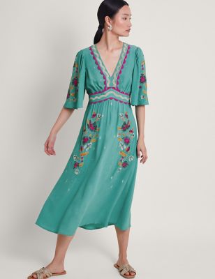 Monsoon Women's Satin Embroidered V-Neck Midi Tea Dress - 14 - Blue Mix, Blue Mix