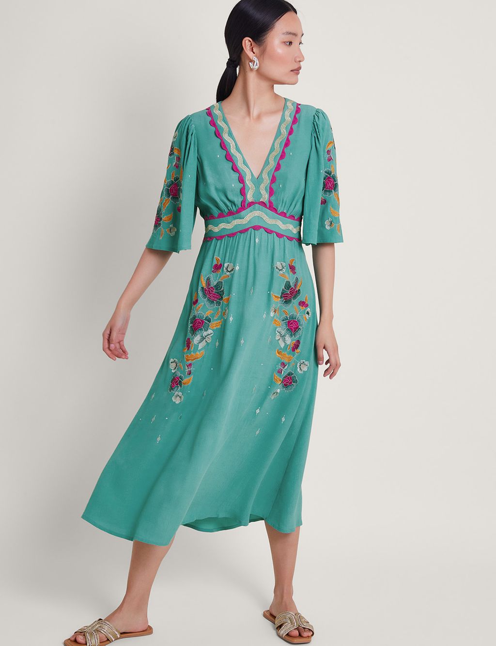 Satin Embroidered V-Neck Midi Tea Dress