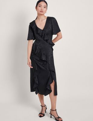 Monsoon Womens Satin Animal Print Ruffle Midi Waisted Dress - 14 - Black, Black
