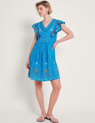 Monsoon Womens Pure Cotton Embroidered V-Neck Skater Dress - XL - Blue Mix, Blue Mix