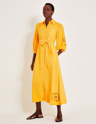 Monsoon Womens Broderie Midi Shirt Dress with Linen - XL - Yellow, Yellow