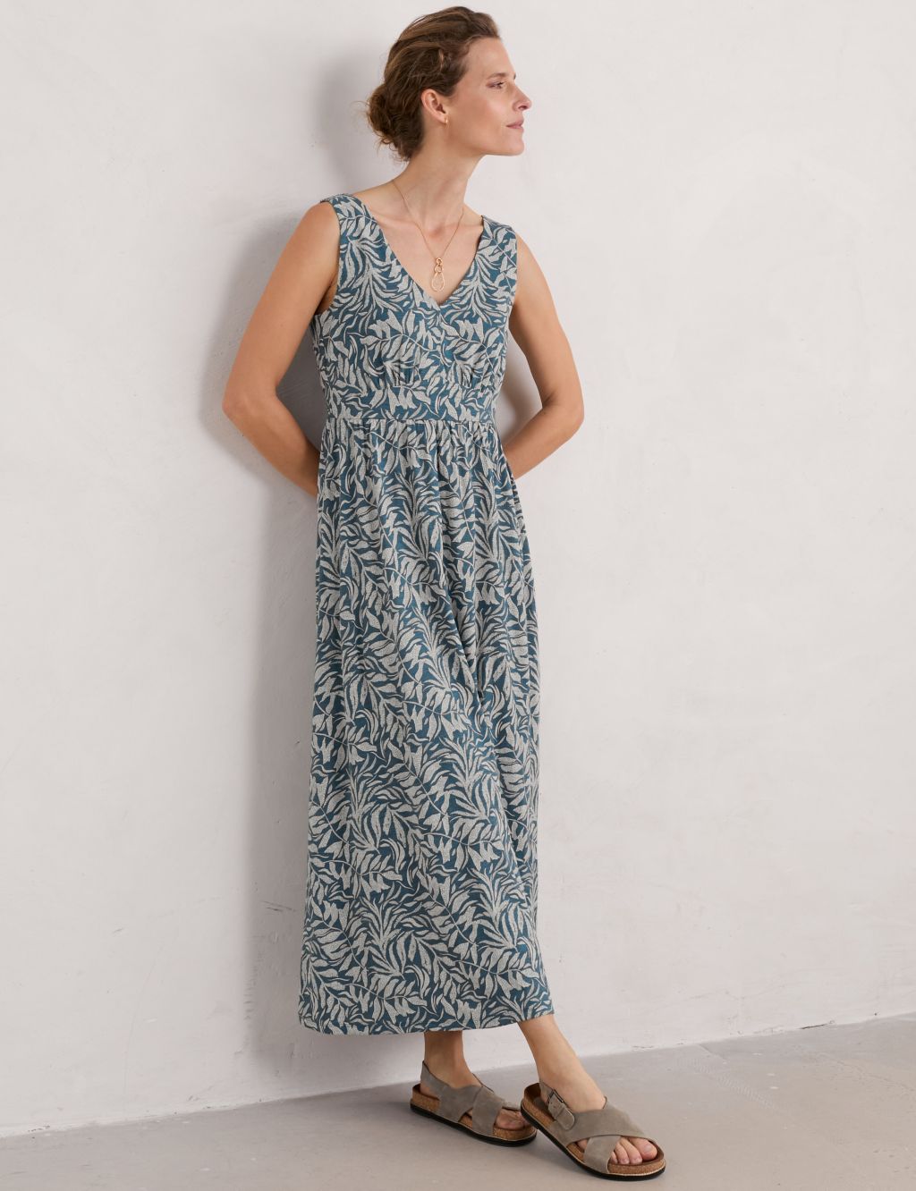 Pure Cotton Floral V-Neck Maxi Waisted Dress