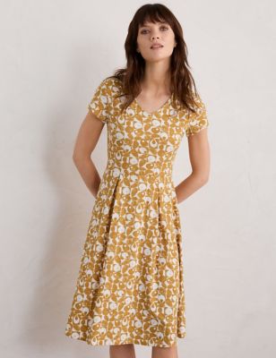 Seasalt Cornwall Womens Cotton Rich Geometric V-Neck Waisted Dress - 12REG - Yellow Mix, Yellow Mix