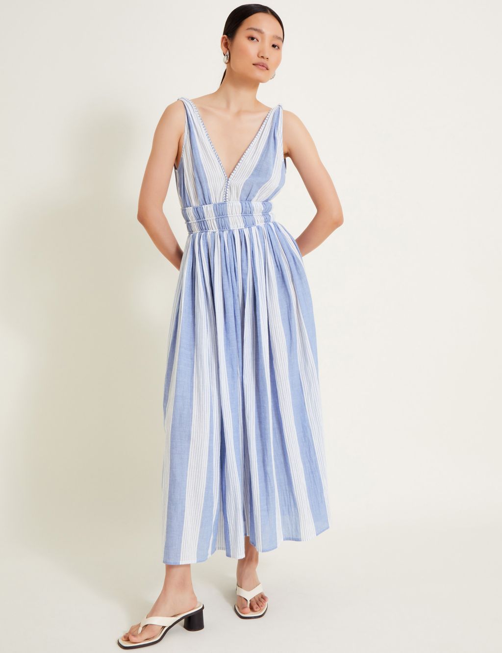 Pure Cotton Striped V-Neck Midaxi Waisted Dress