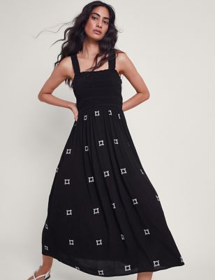 Monsoon Women's Embroidered Square Neck Smocked Midaxi Dress - Black Mix, Black Mix