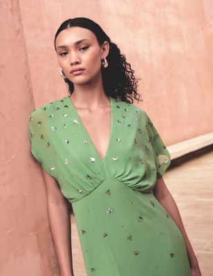 Monsoon Women's Embellished V-Neck Midi Tea Dress - 12 - Green, Green