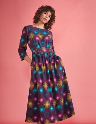 Seasalt Cornwall Womens Cotton Rich Geometric Midi Waisted Dress - 10 - Purple, Purple