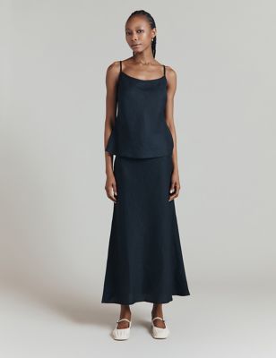 Ghost Women's Pure Linen Lace Detail Midaxi Slip Skirt - XXL - Black, Black