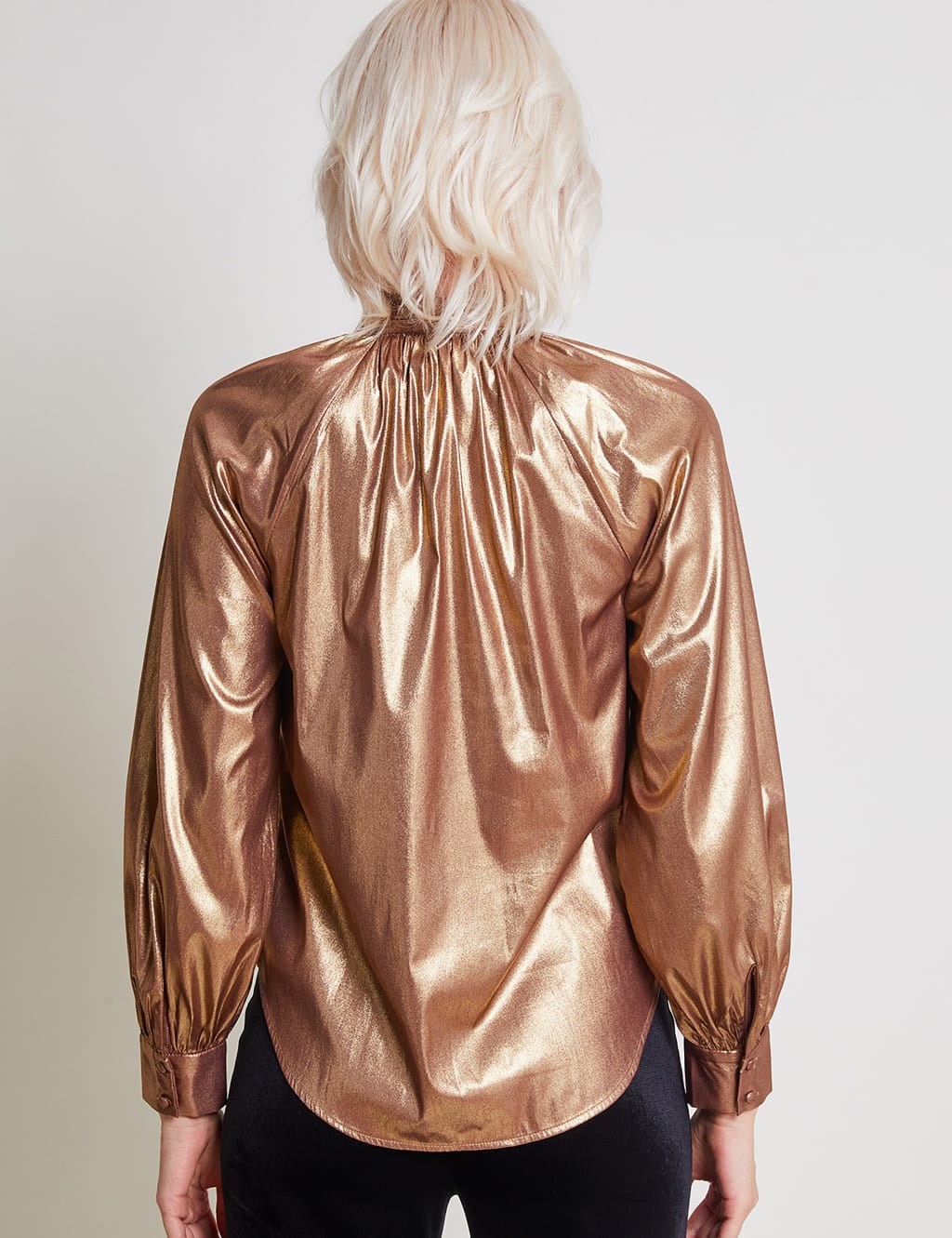 Metallic Tie Neck Blouson Sleeve Blouse image 3