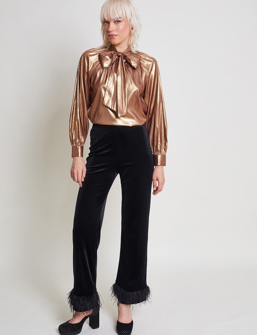 Metallic Tie Neck Blouson Sleeve Blouse image 4