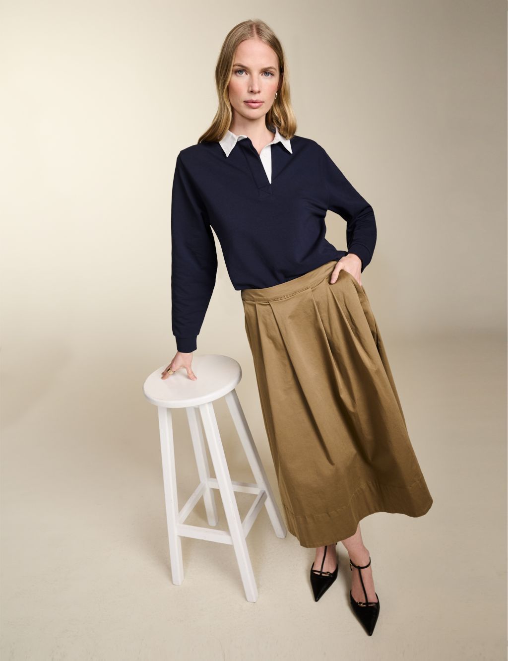 Cotton Rich Pleated Midi A-Line Skirt
