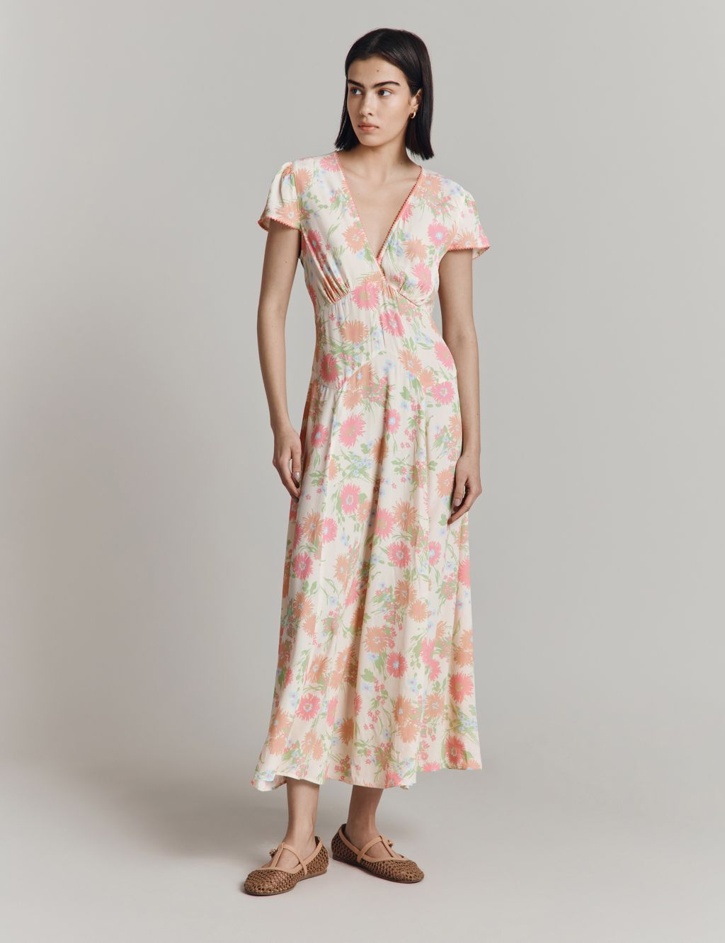 Crepe Floral V-Neck Midi Tea Dress