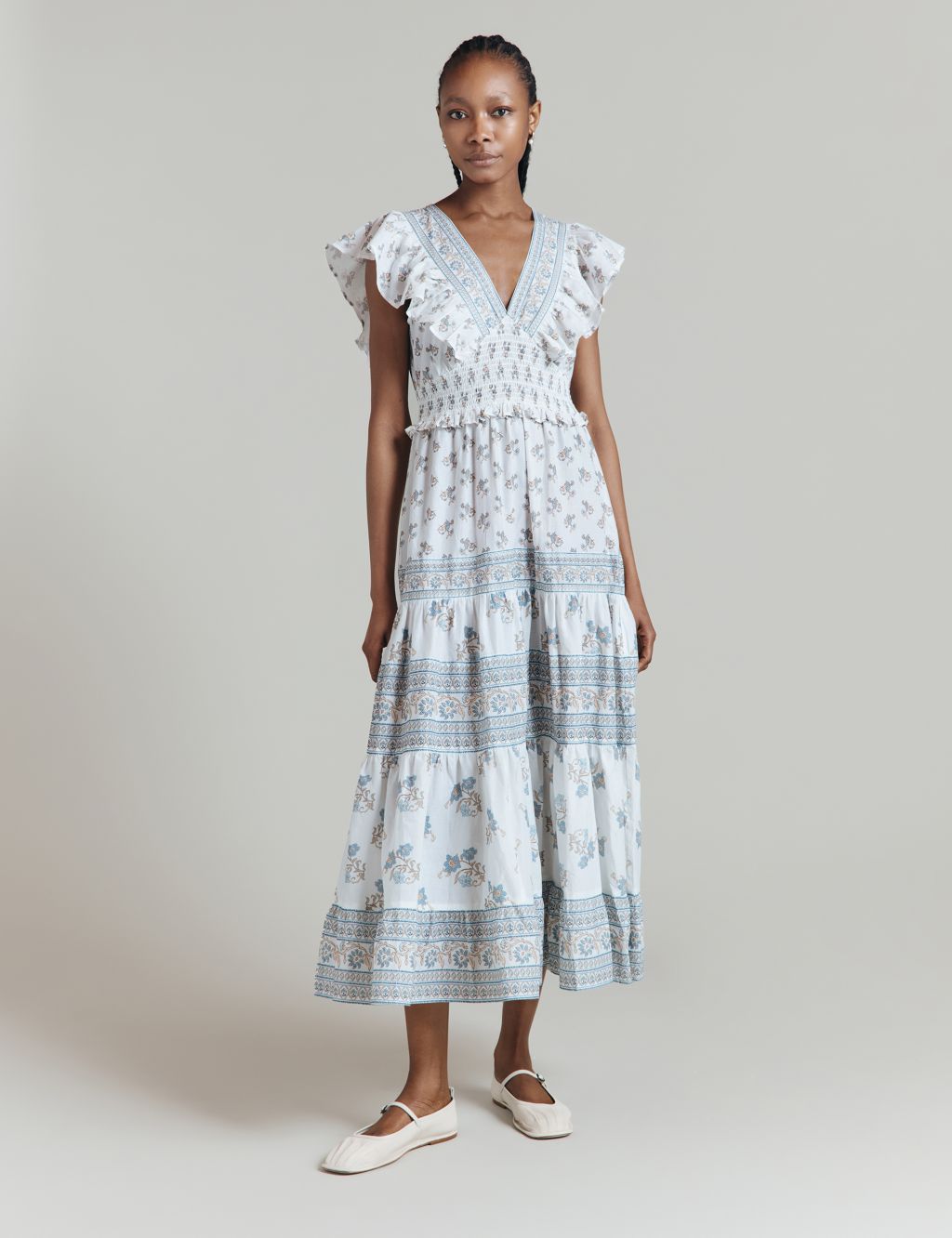 Pure Cotton Floral V-Neck Maxi Tea Dress
