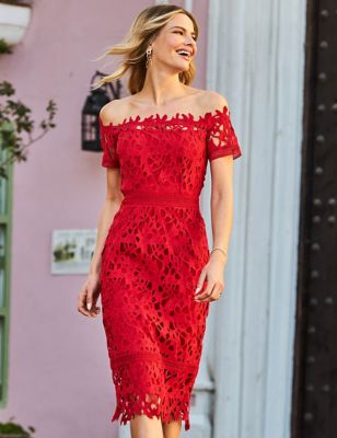 Sosandar Women's Lace Bardot Midi Column Dress - 8 - Red, Red