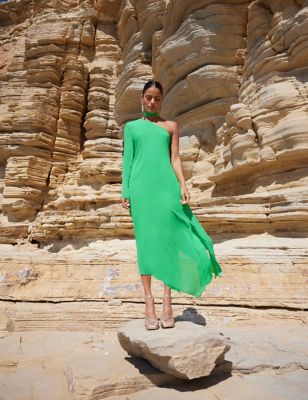 Ro&Zo Womens Chiffon One Shoulder Maxi Column Dress - 10 - Green, Green