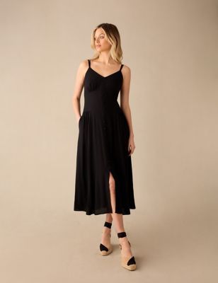 Ro&Zo Womens V-Neck Button Through Midaxi Tea Dress - 18 - Black, Black