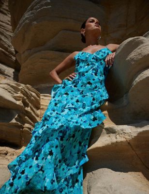 Ro&Zo Womens Floral V-Neck Ruffle Maxi Tiered Dress - 10 - Blue Mix, Blue Mix