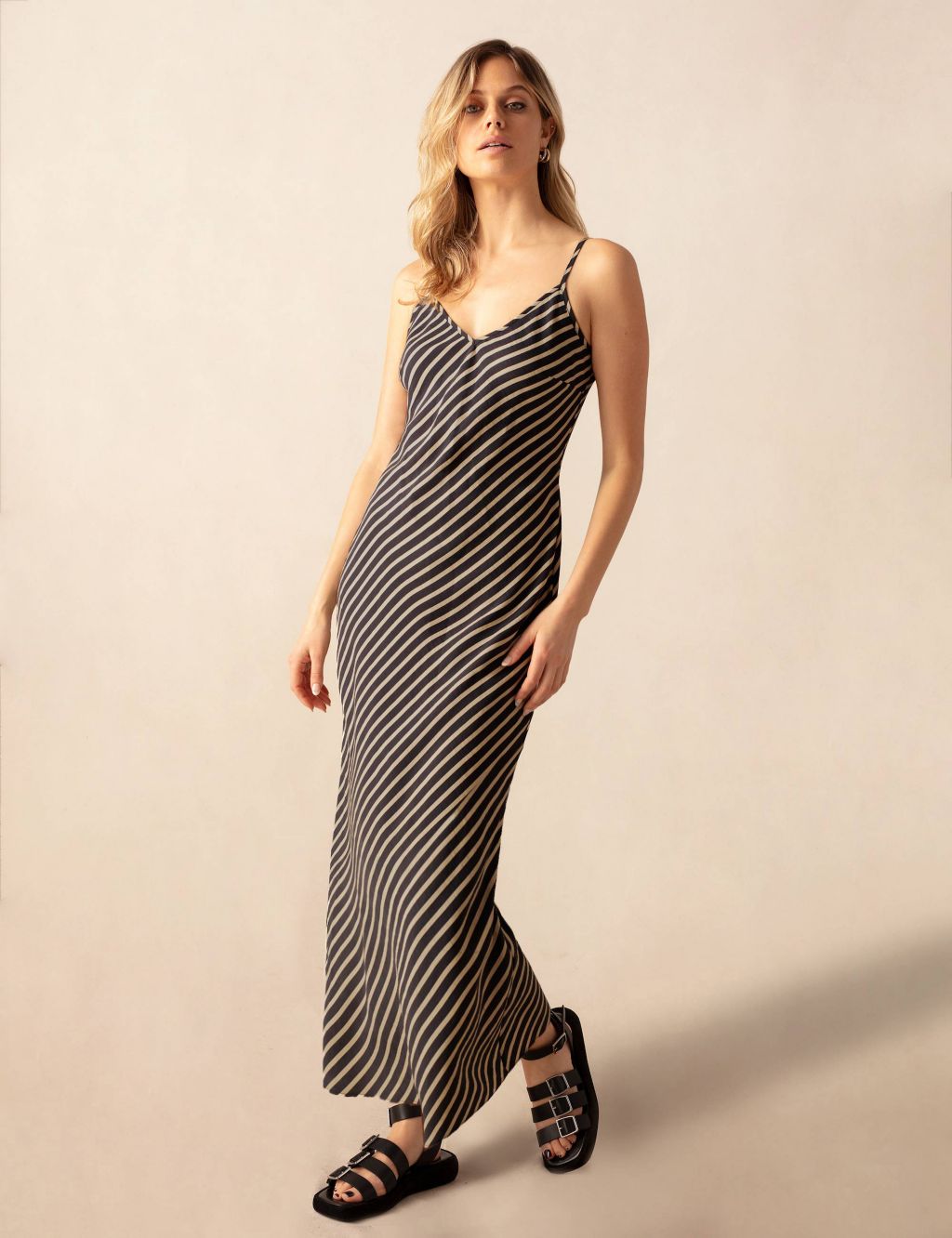 Striped V-Neck Strappy Midaxi Slip Dress