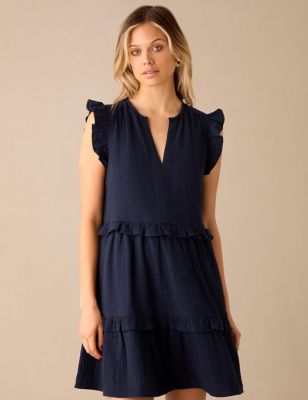 Ro&Zo Womens Pure Cotton Notch Neck Mini Tiered Dress - 16 - Navy, Navy