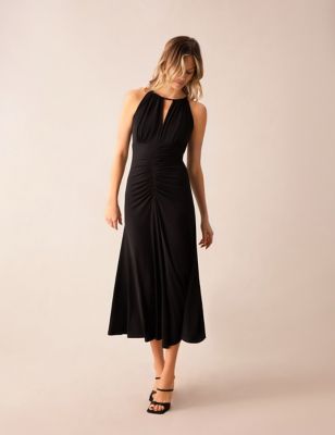 Ro&Zo Womens Jersey Halter Neck Ruched Midi Dress - 16REG - Black, Black,Coral