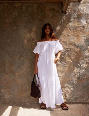 Ro&Zo Womens Pure Cotton Bardot Maxi Tiered Dress - 12PET - White, White