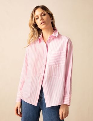 Ro&Zo Women's Cotton Blend Striped Collared Relaxed Shirt - Light Pink Mix, Light Pink Mix