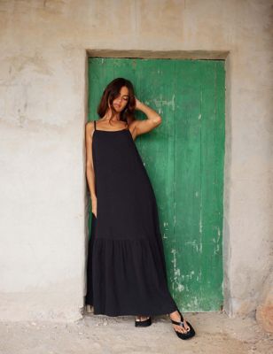 Ro&Zo Womens Pure Cotton Square Neck Maxi Tiered Dress - 16REG - Black, Black,White