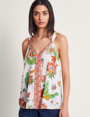 Monsoon Womens Floral Embroidered V-Neck Cami Top - S - Ivory, Ivory