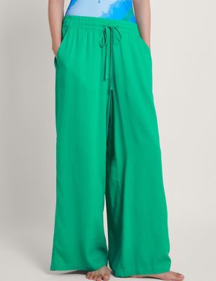 Monsoon Womens Pure Linen Wide Leg Trousers - M - Green, Green