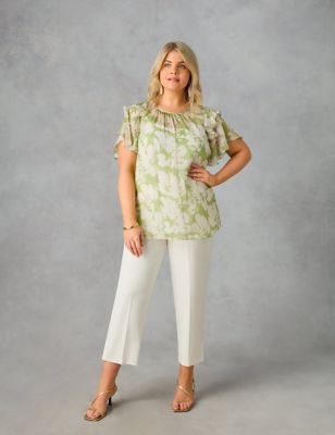 Live Unlimited London Women's Floral Round Neck Ruffle Sleeve Blouse - 24 - Green Mix, Green Mix