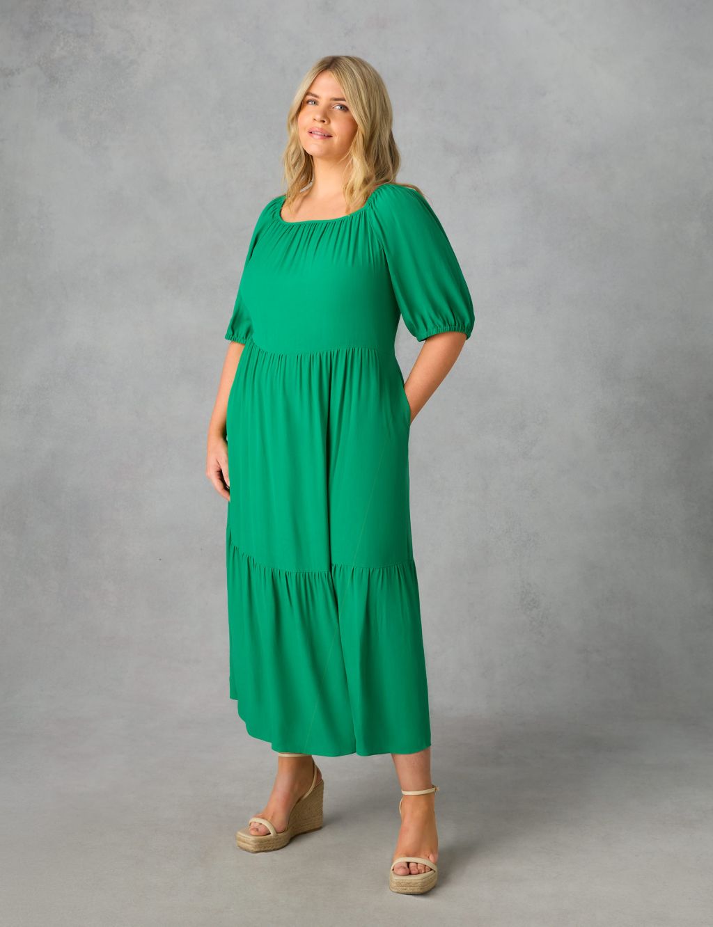 Square Neck Puff Sleeve Maxi Tiered Dress