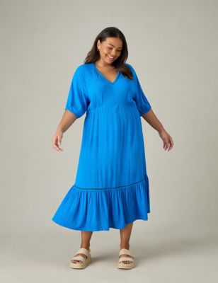 Live Unlimited London Womens V-Neck Tiered Midi Dress - 22 - Blue, Blue,Black
