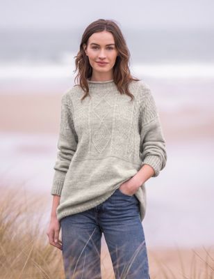 Celtic & Co. Women's Pure Wool Cable Knit Funnel Neck Jumper - XL - Grey, Grey