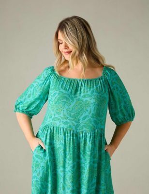 Live Unlimited London Women's Paisley Square Neck Maxi Tiered Dress - 22REG - Green Mix, Green Mix
